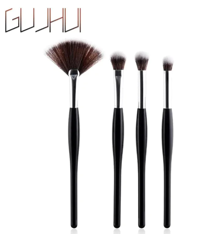 8-Piece Makeup Brush Set with Black Handle and Silver Tubes