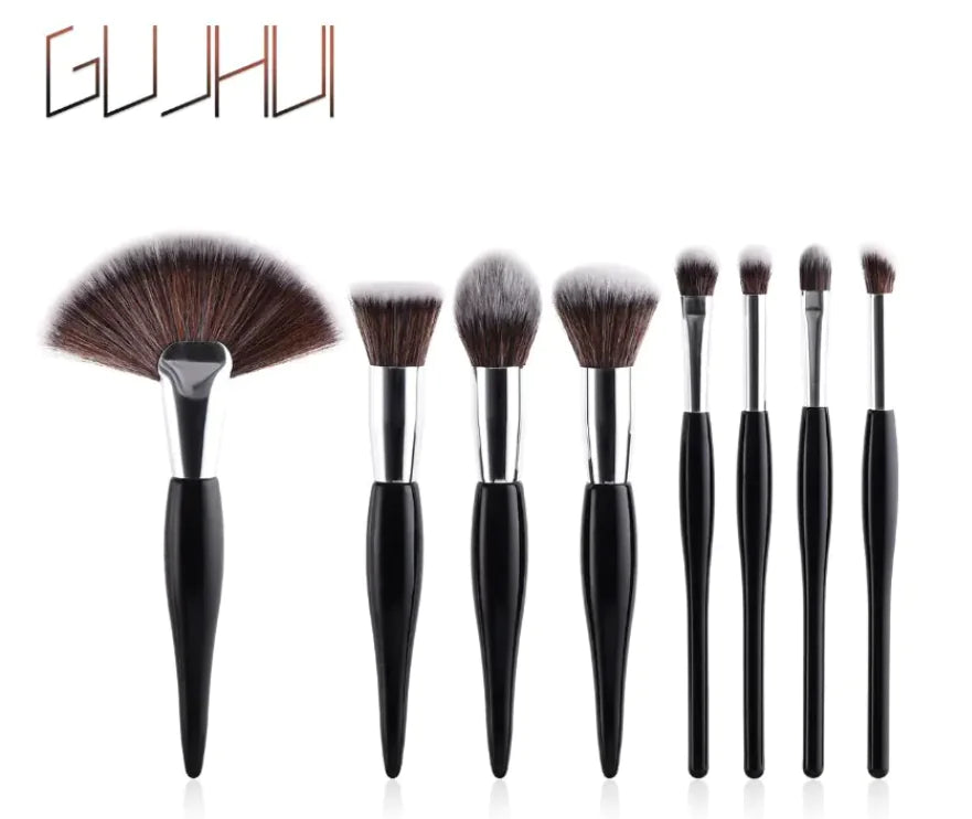 8-Piece Makeup Brush Set with Black Handle and Silver Tubes